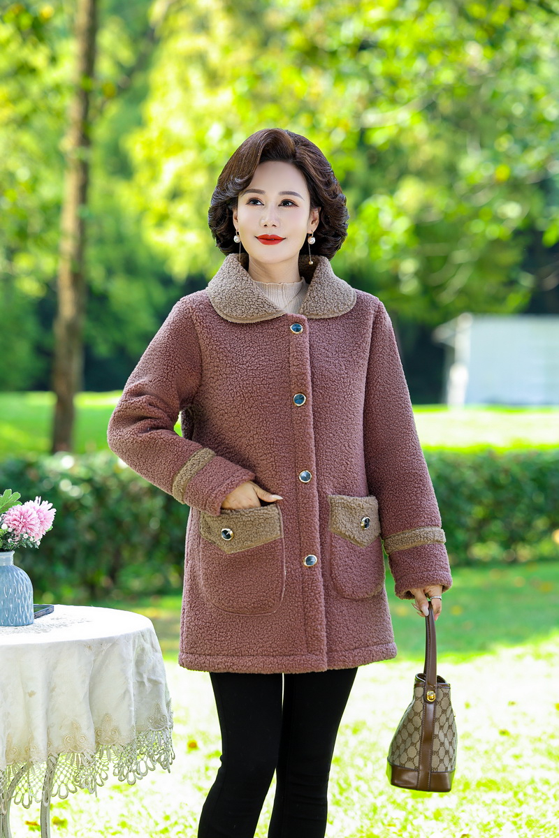 Chaqueta de Otoño Invierno para mujer, abrigo cálido de lana gruesa, abrigo de piel de cordero para mujer, vestido suelto medio largo para madre, chaqueta femenina: S / Rosa