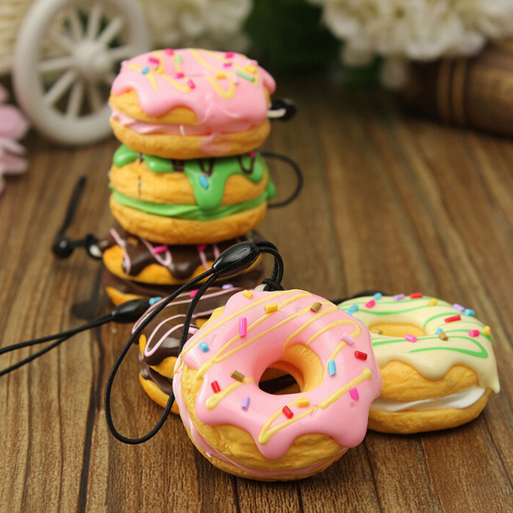 1PC Cute Key Colorful Soft Kawaii Squishy Chain Straps Donuts Charms Cell Phone Straps Keychain Random Color Sent PU