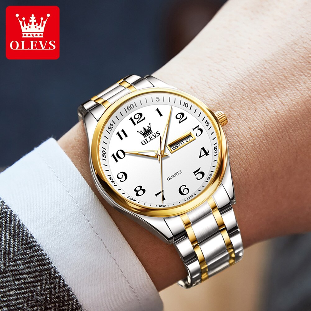 OLEVS-reloj de cuarzo clásico para hombre, cronógrafo de pulsera, esfera Digital, indicador de fecha y semana, luminoso, resistente al agua, dorado