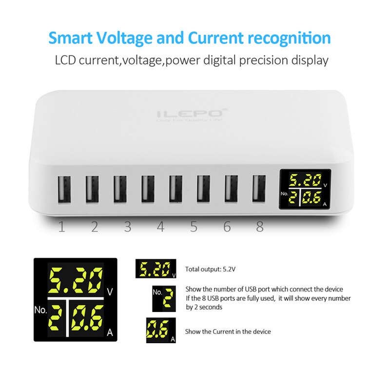 Ilepo  i6 usb-ladegerät, 8-- port-handyladegerät mit lcd-display, 5v x 8a-port für handy, tablet, powerbank, intelligentes schnellladen