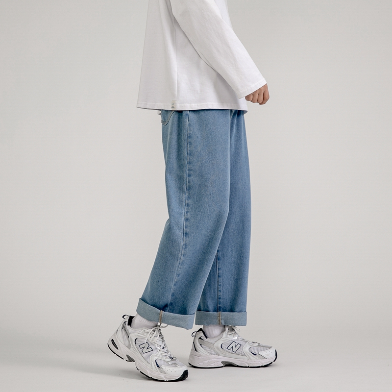 Korean Men&#39;s Baggy Jeans Classic Unisex Man Straight Denim Wide-leg Pants Hip Hop Bagy Light Blue Grey Black