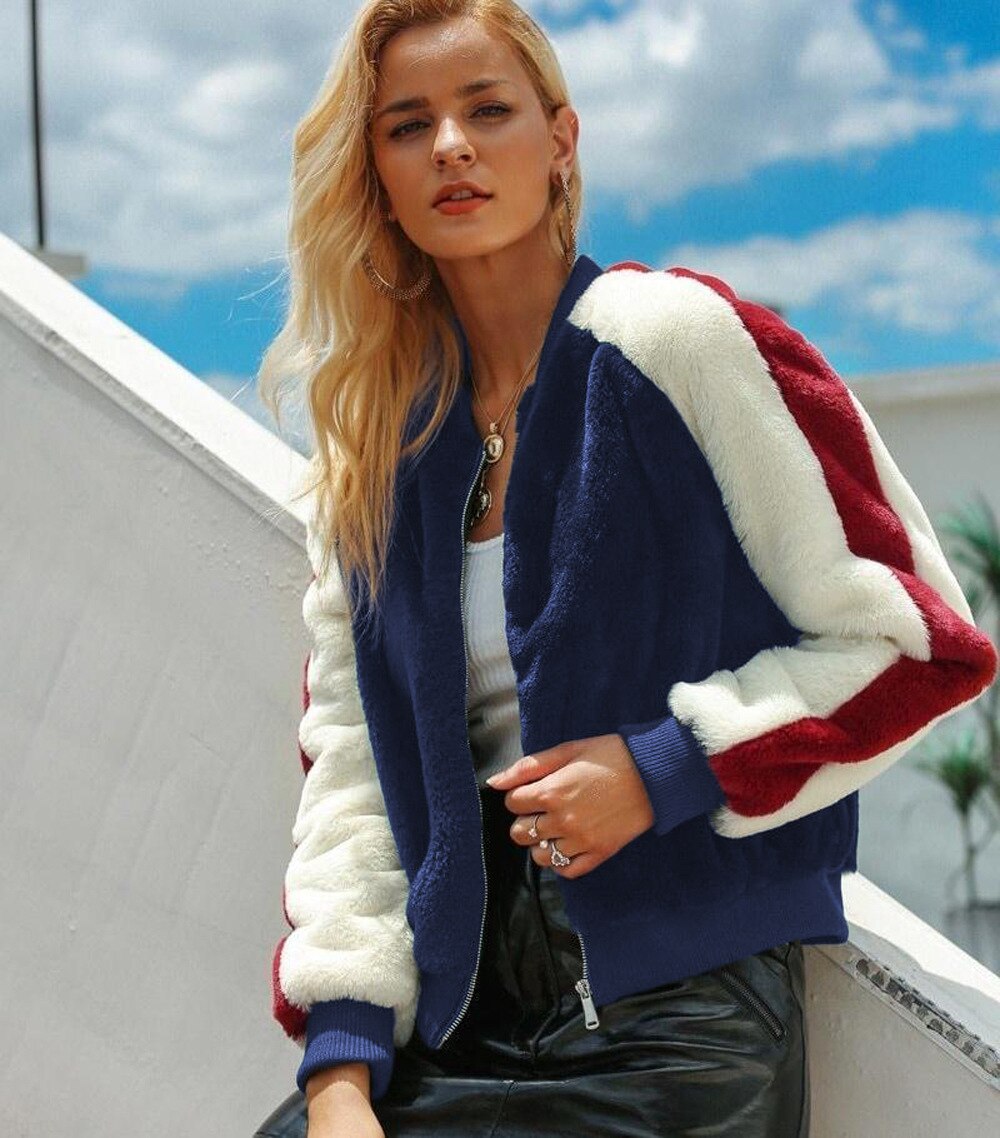 Chaqueta cálida de lana de cordero de imitación forrada para Otoño e Invierno para mujer, abrigo , prendas de vestir, abrigo de piel sintética: navyblue / L