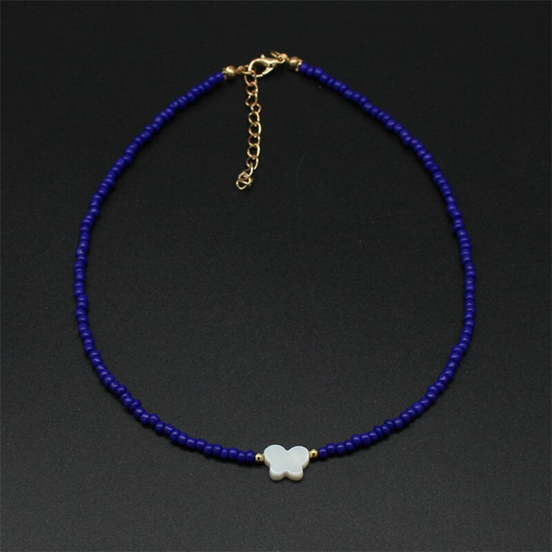 Colorful Beads Choker Women Shiny Pearl Shell Butterfly Pendant Necklace Double Layer Clavicle Chain Jewelry Accessories: 7