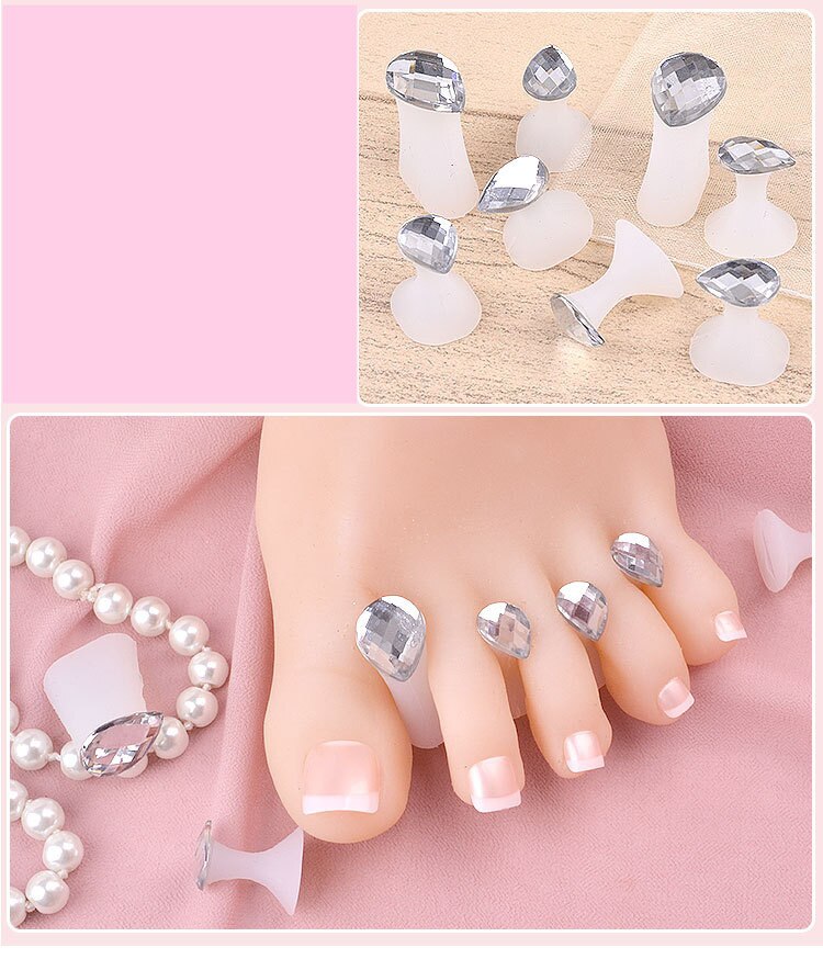 Separador de dedos de silicona suave para el cuidado de los pies, separador de dedos, margaritas, flores, perlas, corazón, diamantes de imitación, herramientas de pedicura, 8 Uds.: Plata