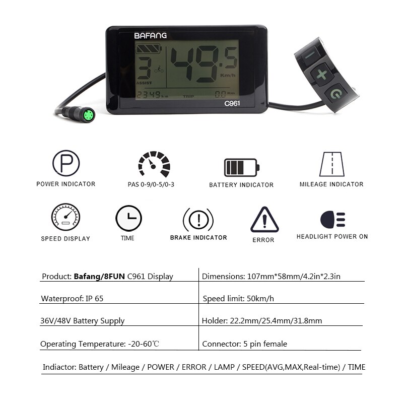 Bafang  c961 lcd-display elektriska cykelomvandlingsdelar mittmotornav motor bbs 01b bbs 02b 36v 48v 750w e-cykeltillbehör