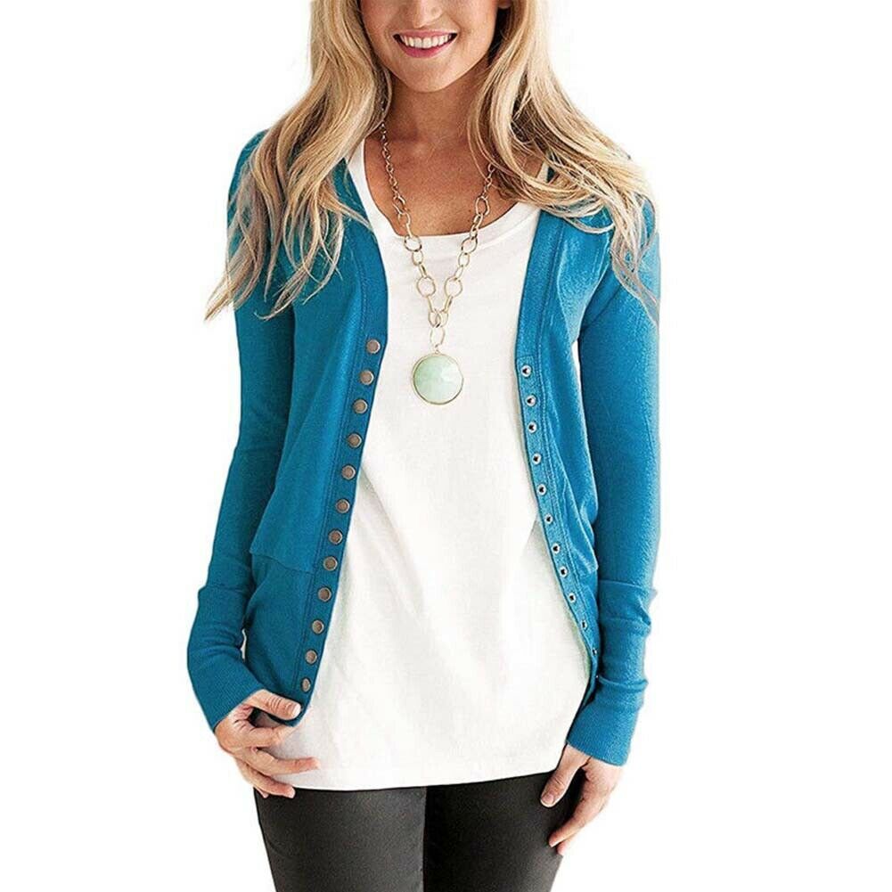 Pull en tricot à manches longues et col en V pour femme, pull ample avec bouton-pression, style rétro, tendance, automne hiver: S / Bleu