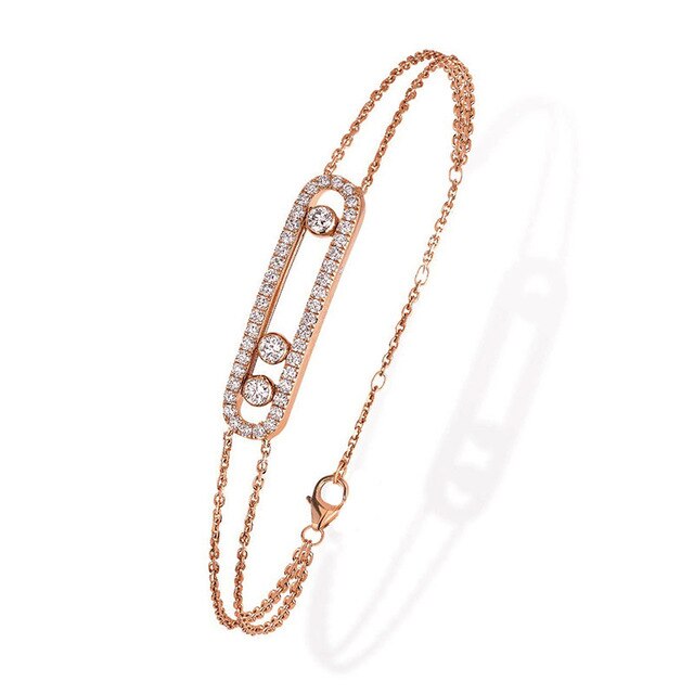 Plata de Ley 925 auténtica de francesa para mujer, pulsera con tres piedras movidas, CZ transparente, collar de joyería de mujer: Rose Color Bracelet