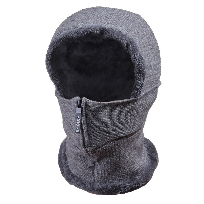 Winter Girl Knitted Hat Fleece Hood Thermal Face Cover with Zip Hat Vogue Neck Warmer Ski Riding Snow Cap Beanie Outdoor: Gray