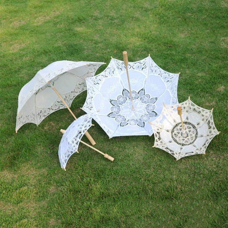 Braut Hochzeit Spitze Regenschirm Reinem Weiß Bestickt Europäischen Stil Holz Griff Hochzeit Requisiten Hochzeit Dekoration Regenschirm