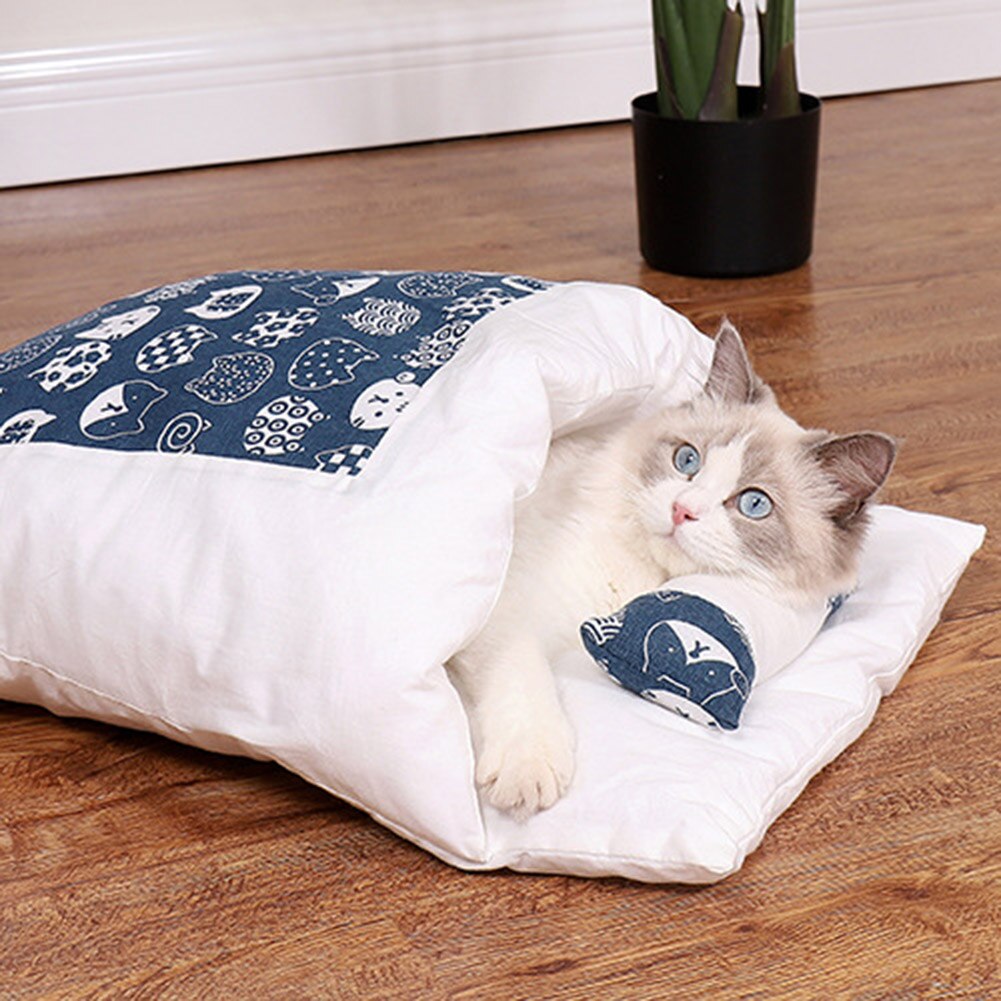 Japanse Kat Bed Warm Kat Slaapzak Diepe Slaap Cave Winter Verwijderbare Huisdier Huis Bed Voor Katten Honden Nest Kussen met Kussen