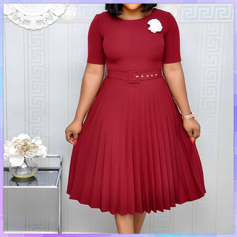 Summer Plus Size Pleated S-5Xl Dress Ladies O-Neck Short Sleeve Solid With Belt Mid-Calf Office Lady Dresses For Women
