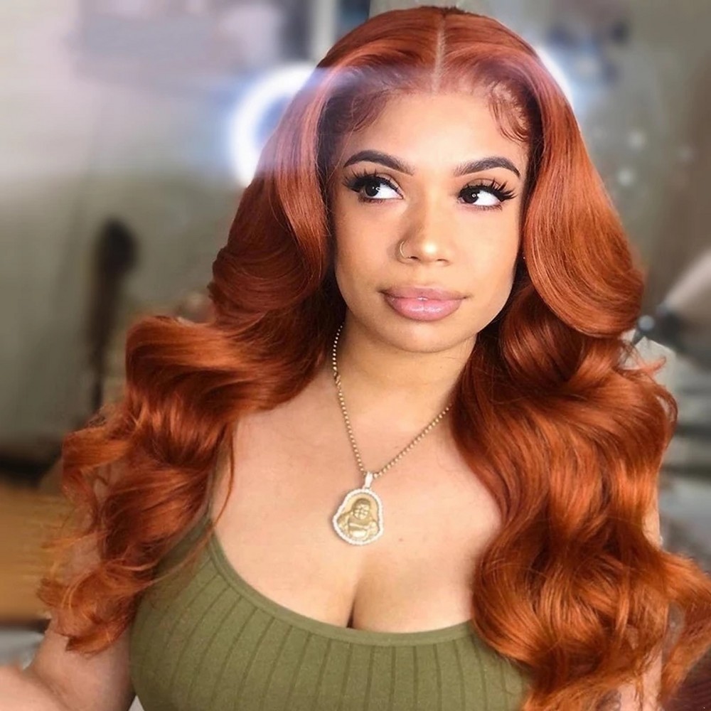 Long Curly Auburn Copper Red Synthetic Lace Front Wig Free Part High Temperature Fiber Hair Deep Wave Wig For Women