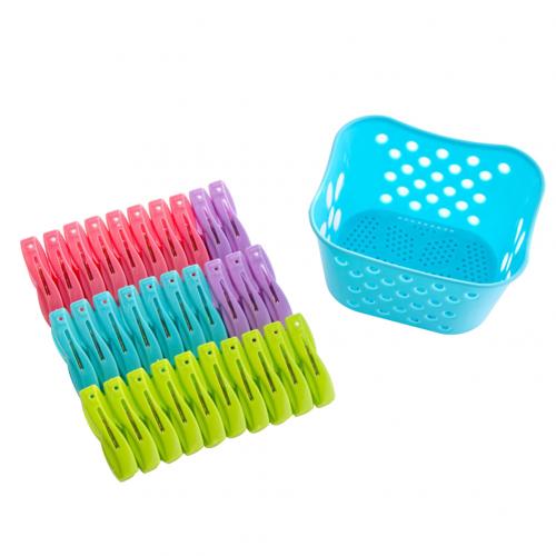 30Pcs Plastic Clothes Pegs with Storage Basket Drying Clothes Clips Socks Shirt Pegs Clothespins Laundry Storage Organizer: Blue