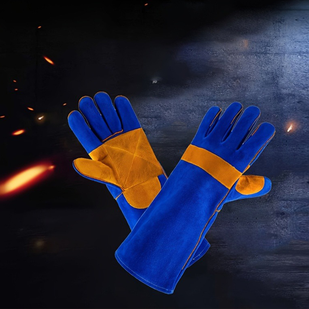 Guantes de soldadura de cuero para trabajo, guantes de soldadura resistentes al fuego/calor, quemador de troncos de madera, guantes de seguridad para Mig Tig Stick Forge BBQ Grill