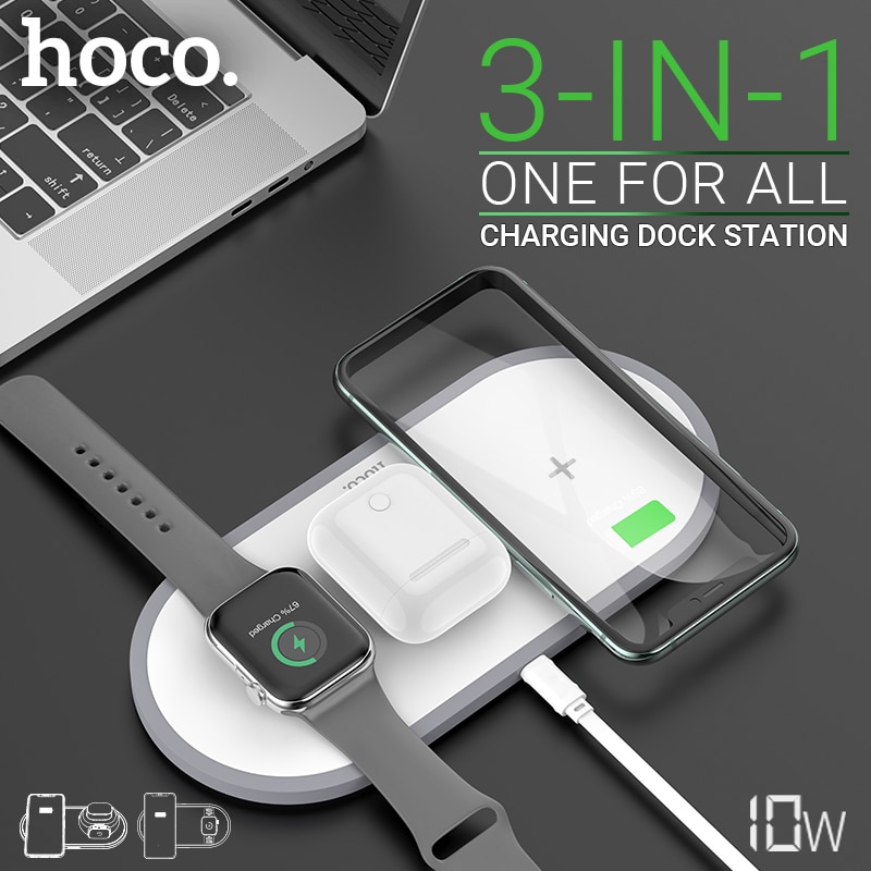 Hoco 3 In 1 Snelle Draadloze Oplader 5W 7.5W 10W Voor Iphone Samsung Headset Horloge Qi Lader desktop Dock Draadloze Opladen Pad