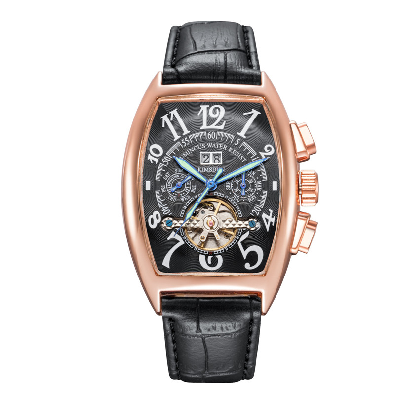 Top KIMSDUN Auto Date Montre hommes boîtier en or de luxe montres mécaniques hommes de en cuir Montre-bracelet Montre Homme: K-2