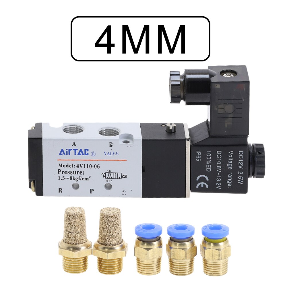 AIRTAC 4V110-06 5 vías 2 posiciones 1/8 "Electroválvula neumática DC 24V DC 12V AC 110V AC220V con 4mm 6mm 8mm racor: with-4mm-Fitting / DC12V