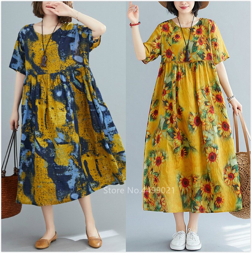 Zomerse traditionele chinese kleding voor vrouwen, etnische print linnen tang-pakjurk, hanfu casual hoge taille gewaad, losse jurken