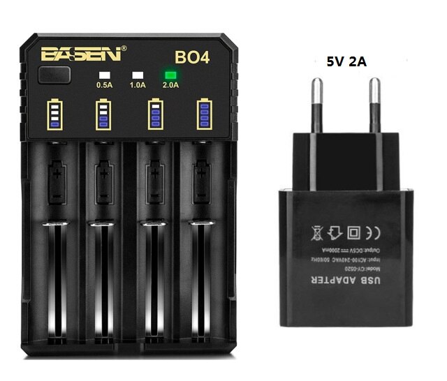 BASEN 18650 Battery Charger for 1.2V 3.7V 3.2V 18650 26650 21700 18350 AA AAA lithium NiMH battery smart charger 5V 2A plug: BO-4-EU-1