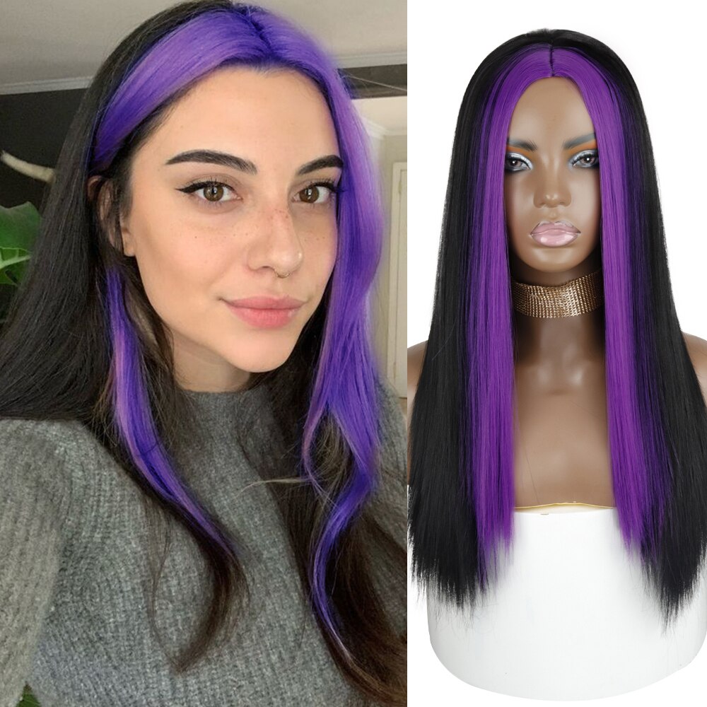 Azqueen zwarte roze lange rechte pruik voor meisjes, roze haar aan beide kanten, middenscheiding, hittebestendige rechte cosplaypruik voor vrouwen: 2052-1b-t2420