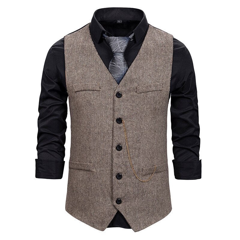 Men's Wool Herringbone Tweed Vest Brand Slim Fit Sleeveless Vest Waistcoat Men Formal Business Wedding Chaleco Hombre: coffee / S