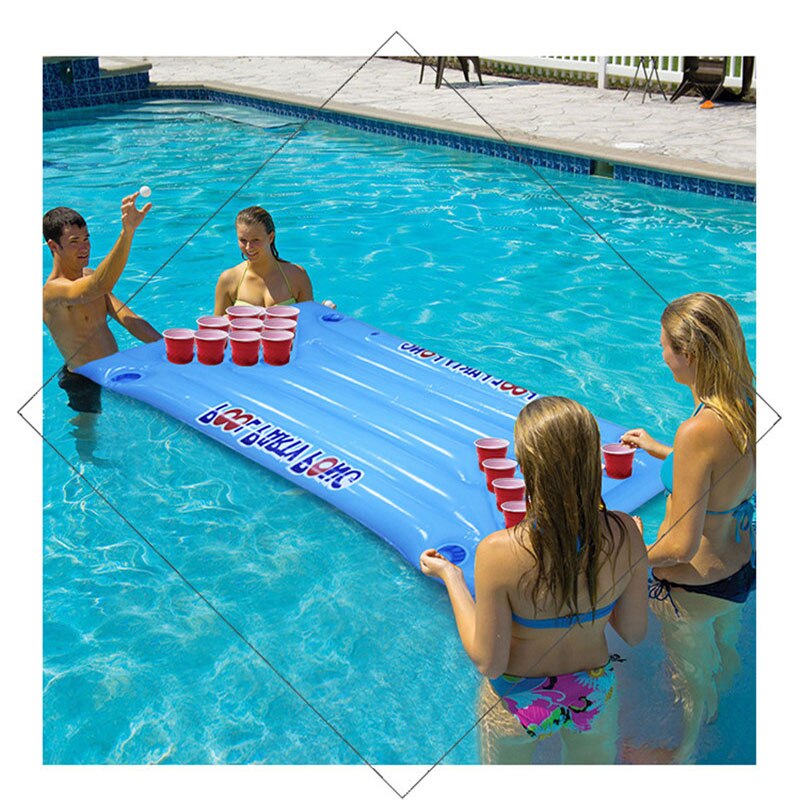 Weiß Blau Rechteck Löcher Trinken Float Halter Falten Aufblasbare Bier Pong Tabelle Schwimm reihe Luft Matratze Floß Pool Party Spielzeug