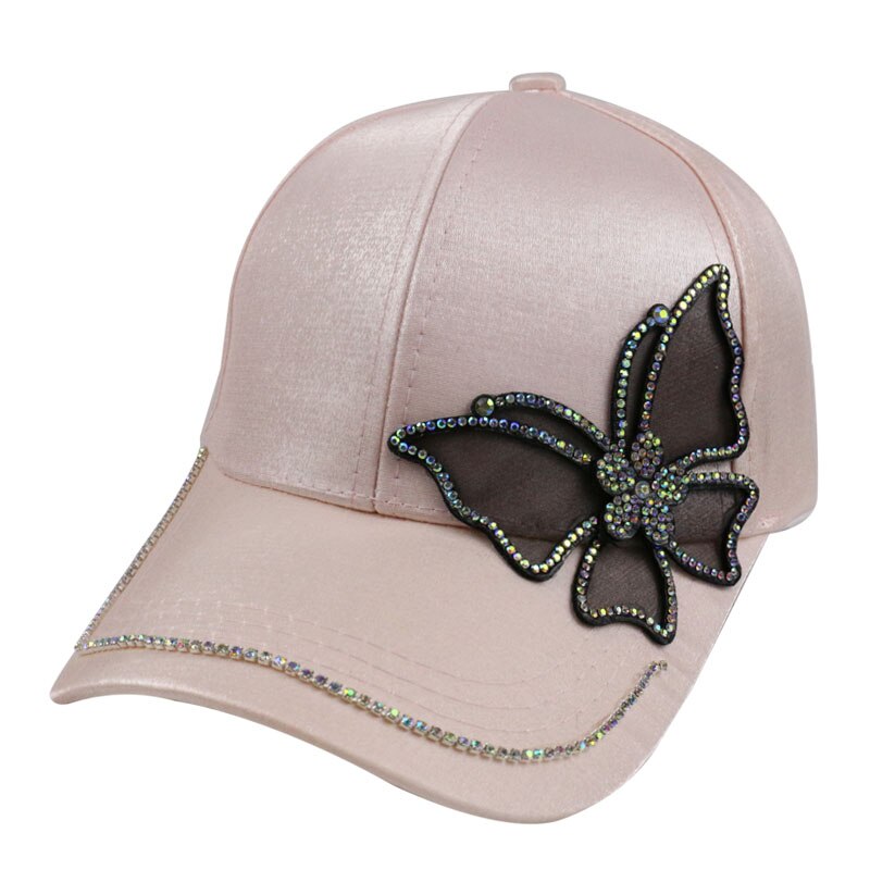 Winfox Black Rhinestone Butterfly Baseball Cap Girls Women Snapback Hip Hop Sun Hat: Pink