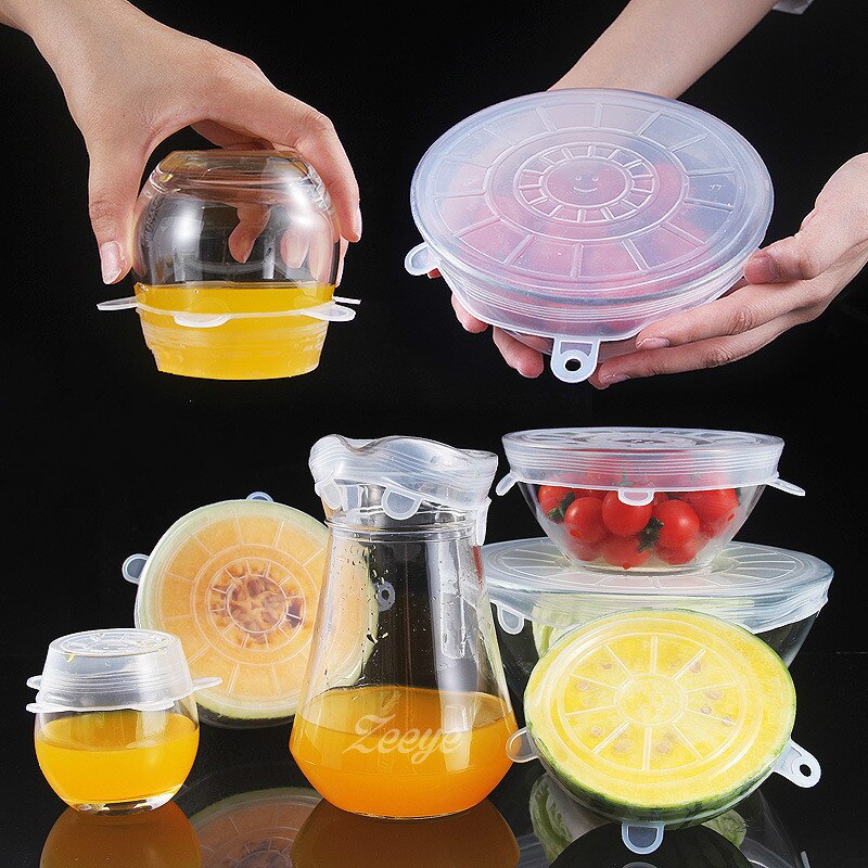 6Pcs Reusable Silicone Food Wrap Stretch Vacuum Seal Cover Saran Wrap Kitchen Tools Organization Food Fresh Keeping Sealed Lids