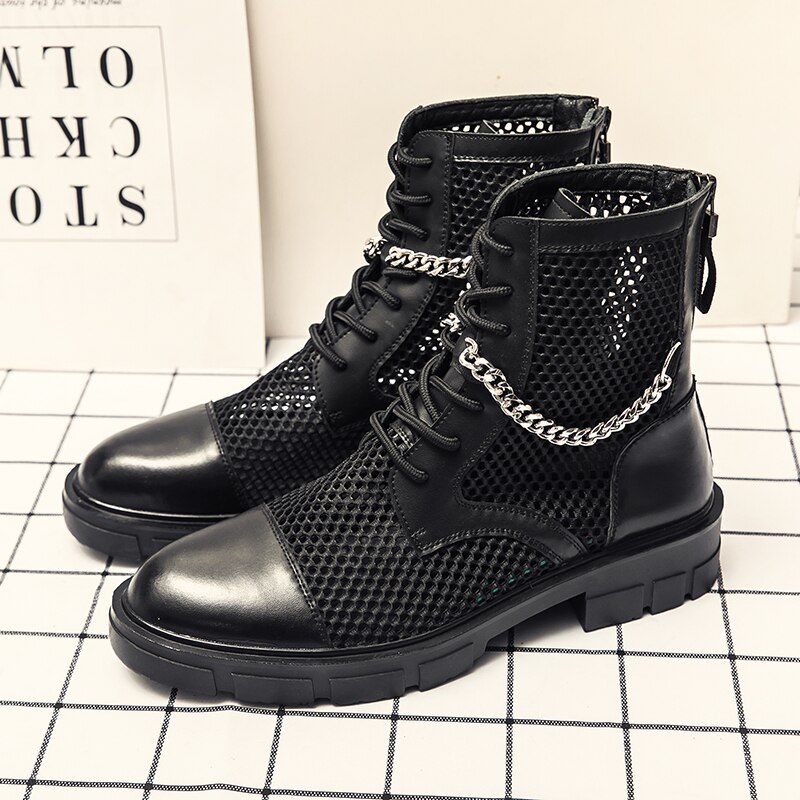 Stivaletti da uomo estivi Punk Rock Mesh catena in pelle stivali a punta tonda stivali da moto da discoteca traspiranti scarpe Casual 46