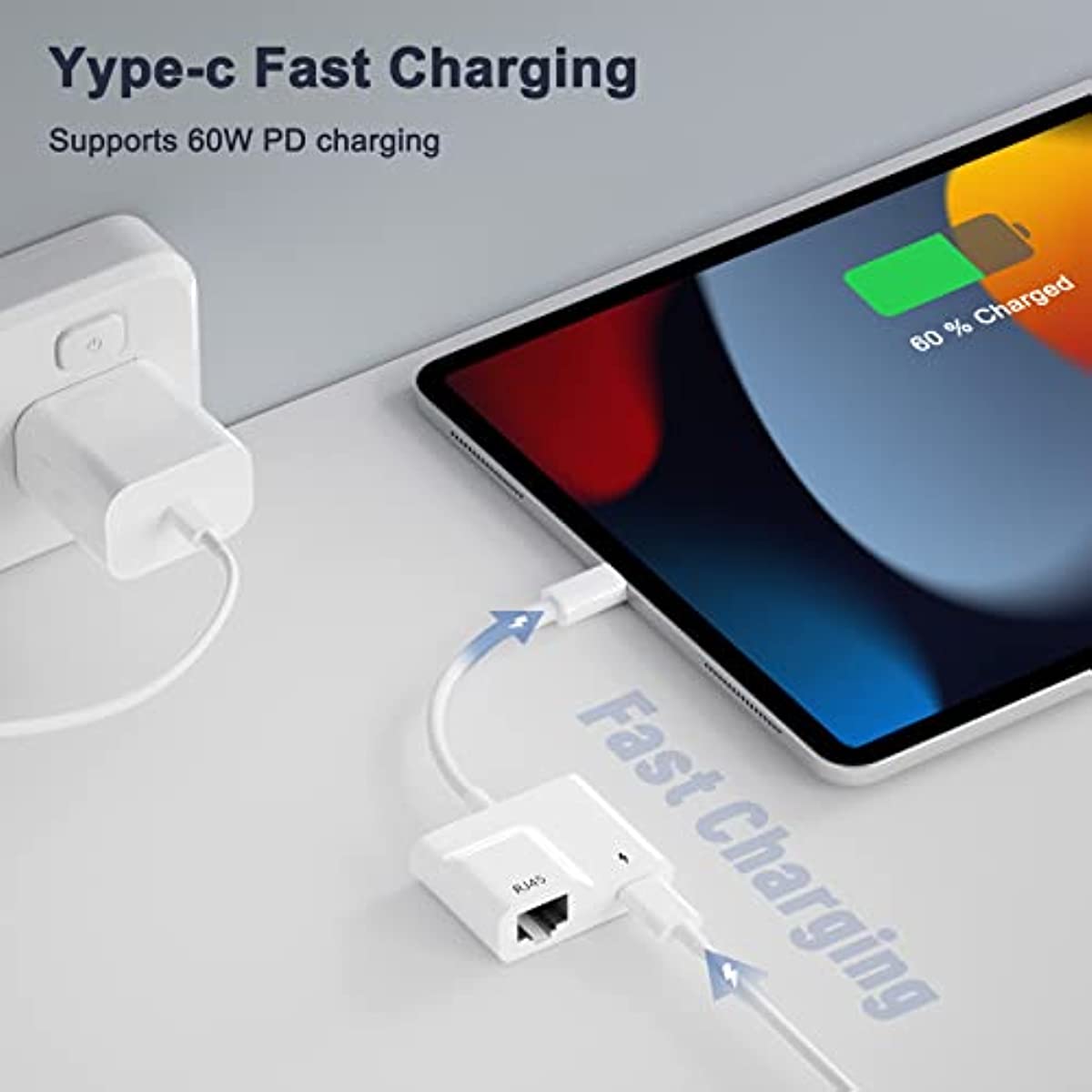 USB C to Ethernet Adapter, 2 in 1 USB C to RJ45 Adapter Supports 10/100Mbps Ethernet Network for Android/iPad Pro/Mac/HUAWEI