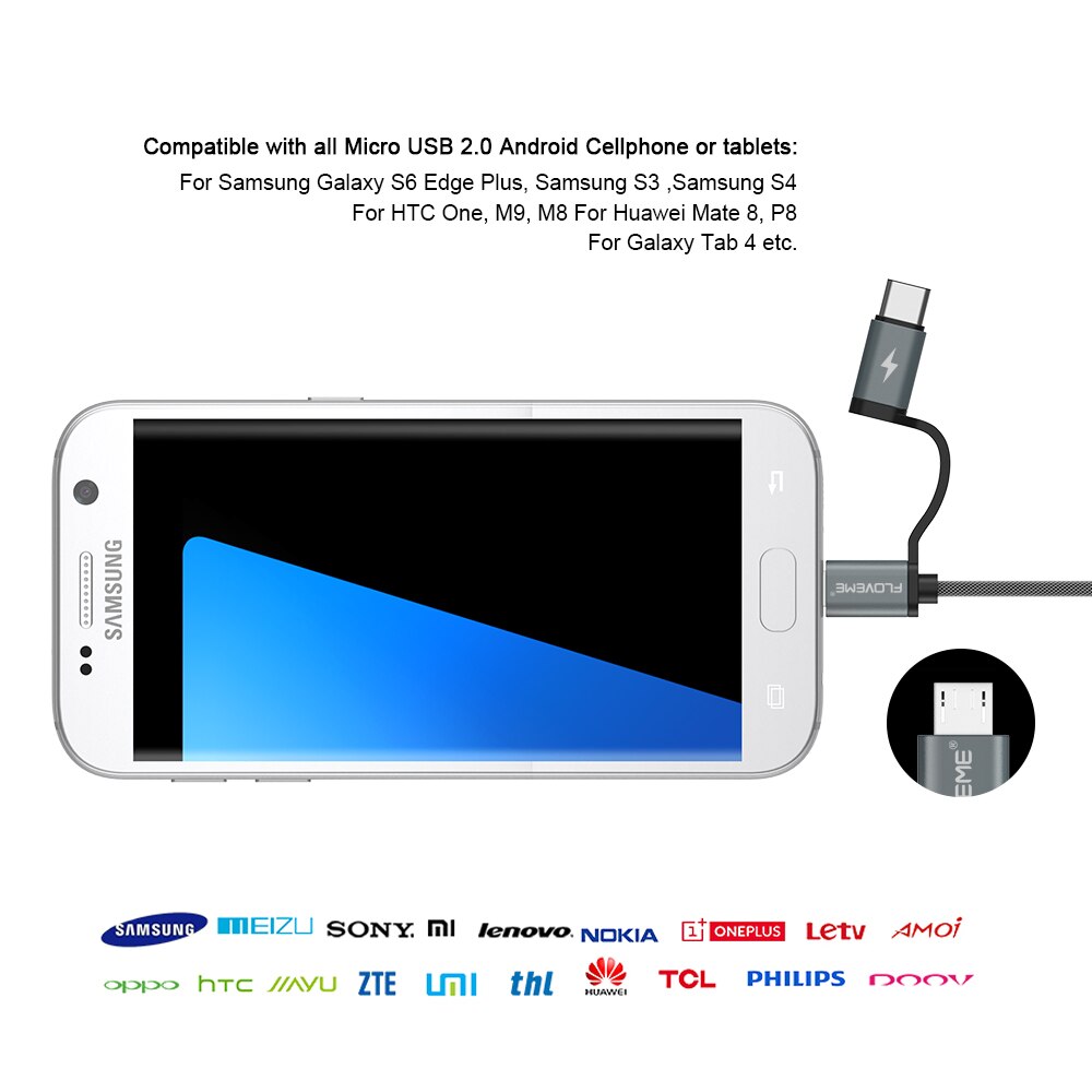 FLOVEME 2 w 1 MircoUSB + rodzaj-c kabel USB pleciony szybka ładowarka QC 3.0 USB-C telefon komórkowy kabel robić galaktyka S8 Xiaomi Smartphone