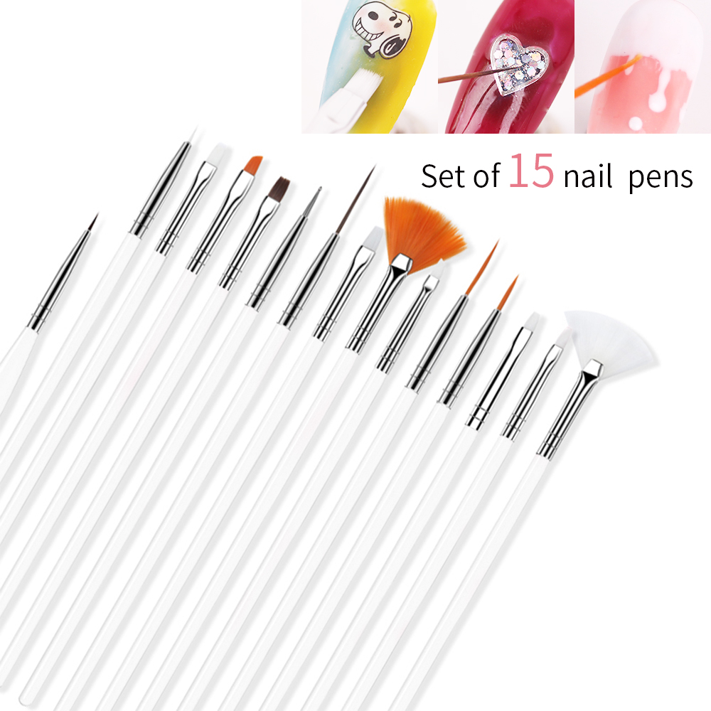 Juego de pinceles de pintura con detalles finos, Gel acrílico UV, dibujo, punteado, manicura, herramientas de artístico, accesorios de maquillaje, pincel de Gel, 15 Uds.: BLANCO