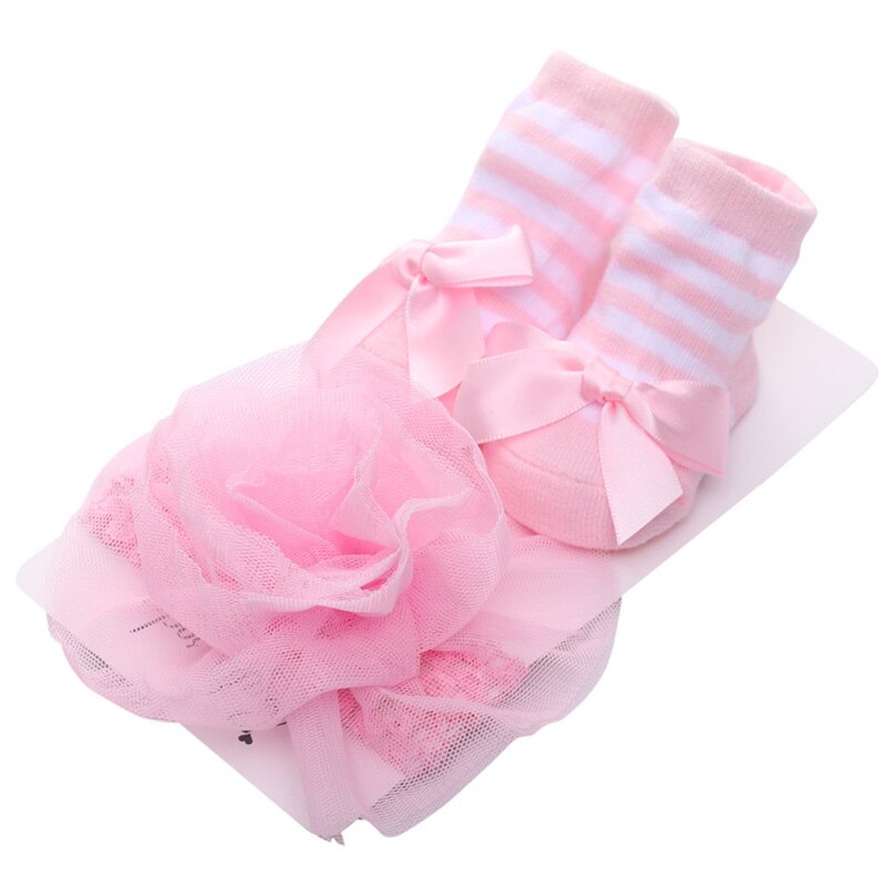 1Set Neugeborenen Baby Socken + Stirnband Set Spitze Große Blume Bögen Baby Mädchen Socken Stirnbänder Infant Kleinkind Boden Socken sokken: light pink