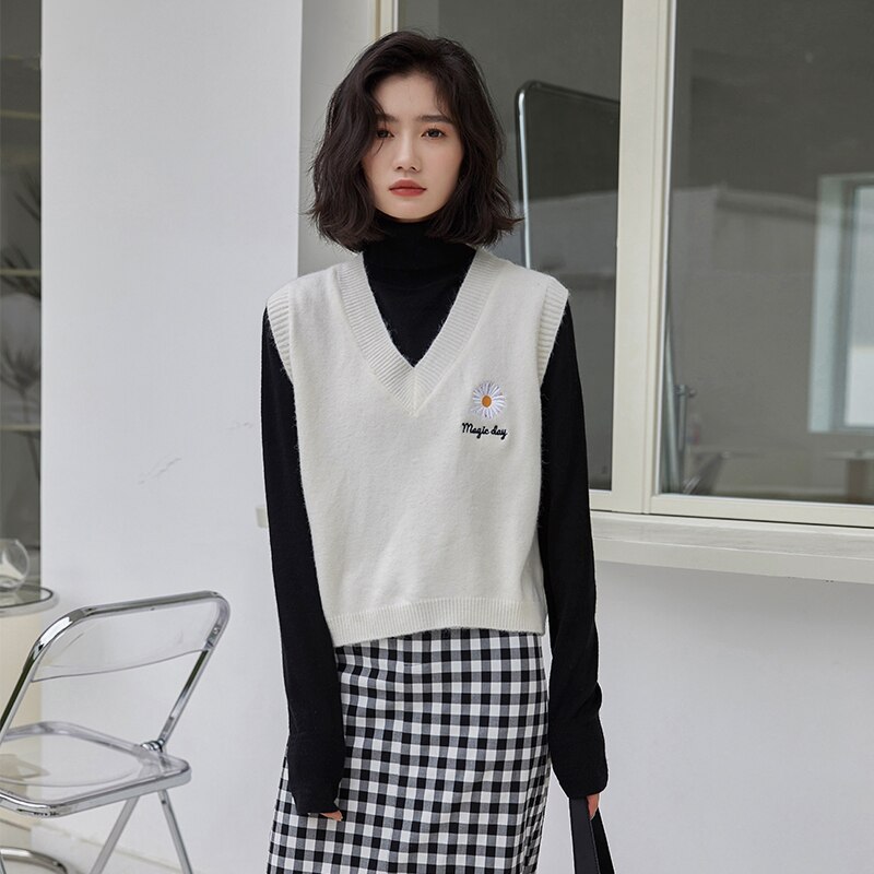 Jesienno-zimowa sweter kamizelka damska dekolt w serek dziergane litery z kwiatowym nadrukiem kamizelka damska bez rękawów luźne damskie kamizelki dzianinowe swetry