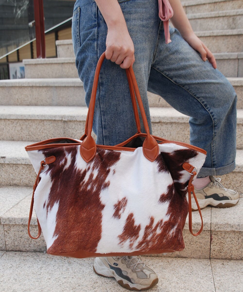 Bolso de ante de cuero de vaca bolso de mano de gamuza con estampado de vaca Bolso grande de mujer: Default Title