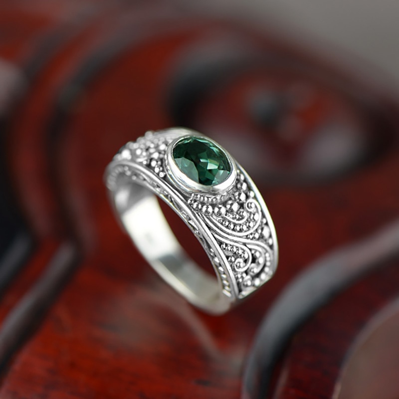 Reale Puro Gioielli in Argento sterlina 925 Anello Verde Antico di Cristallo Accessori per Le Donne di Pietra Naturale Bella Gioielleria Raffinata Anelli