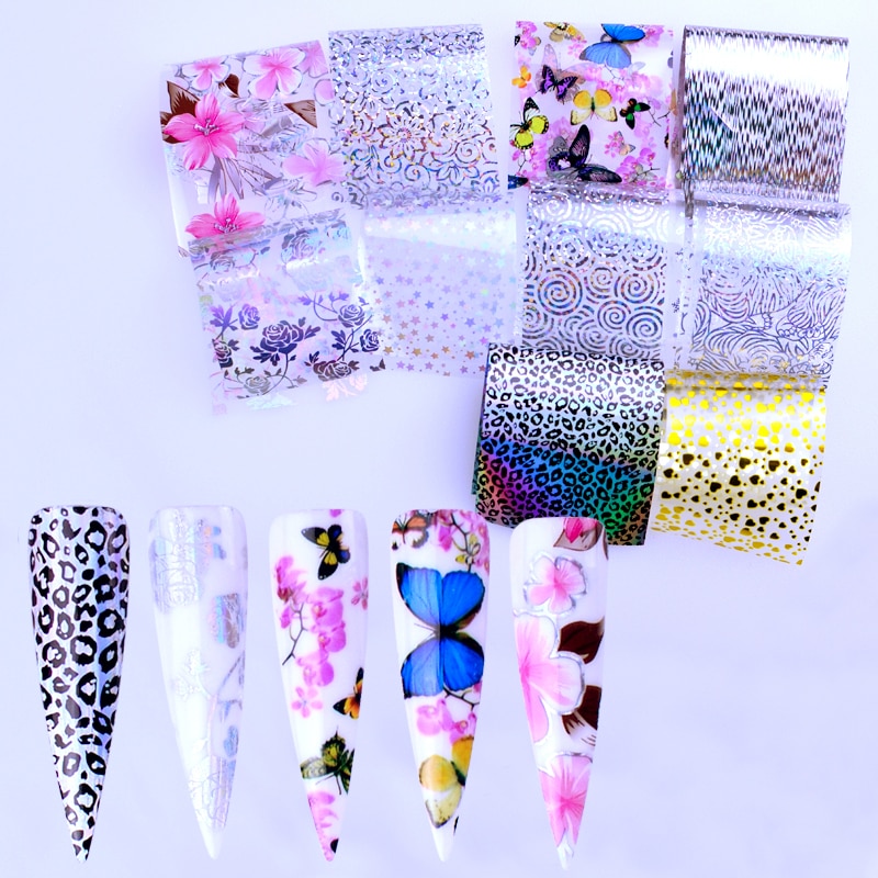10pcs Nail Foil Polish Stickers Mix Flower Leopard Transfer Foil Nails Decal Sliders For Nail Art Decoration Xmas Designs