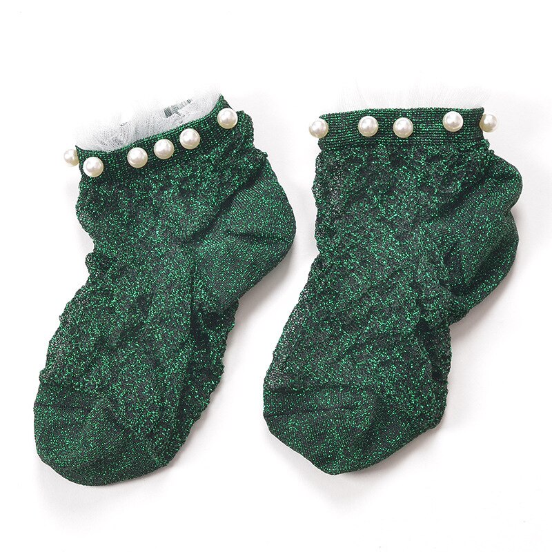 Chaussettes courtes en soie argentée et perles pour femmes, socquettes avec cristaux fins,: 1