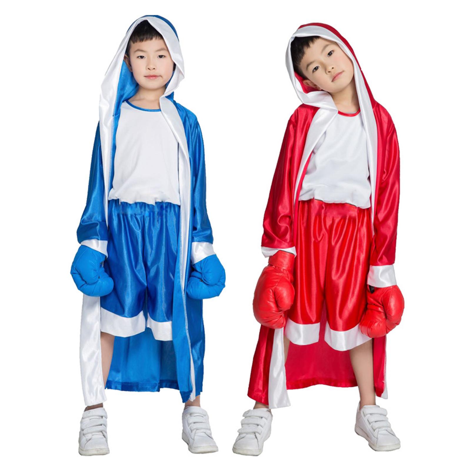 Children Boy Red BLUE Boxer Costume Clothes Jumpsuit with Cloak Boxing Robe Party Costume fantasia infantil menino