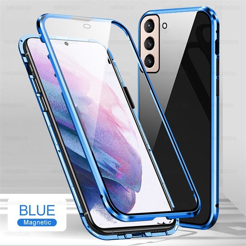 Samung S22 Ultra 360 ° dwustronne szkło hartowane Matel zderzak pełna osłona ochronna do Samsung Galaxy S22 Ultra Magnet Flip Coque: S22 Plus / blue-04
