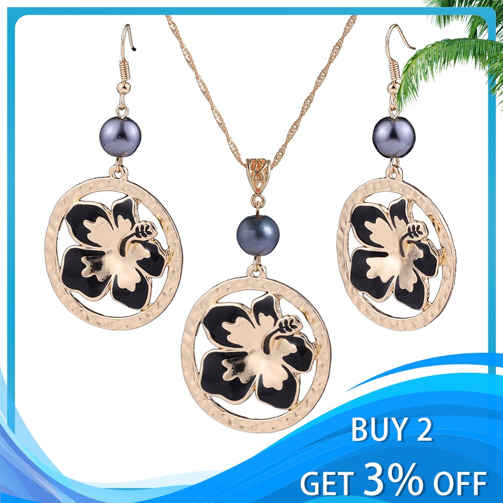 Cring Coco Mode Hibiscus Bloemen Sieraden Set Vrouwen Hawaiian Polynesische Vergulde Ketting Oorbellen Set
