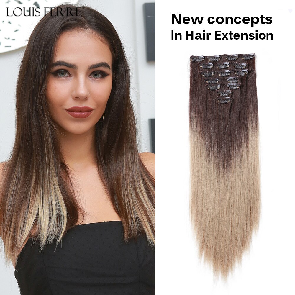 20inch Long Straight Clip In Hair Extensions 7Pcs/Set Synthetic Hairpiece with Clips Ombre Brown High Temperature Fiber Hair