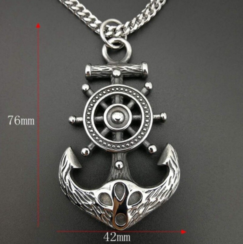 Vintage Silver Color Rudder Anchor Pendant Necklace for Men Punk Glamour Jewelry