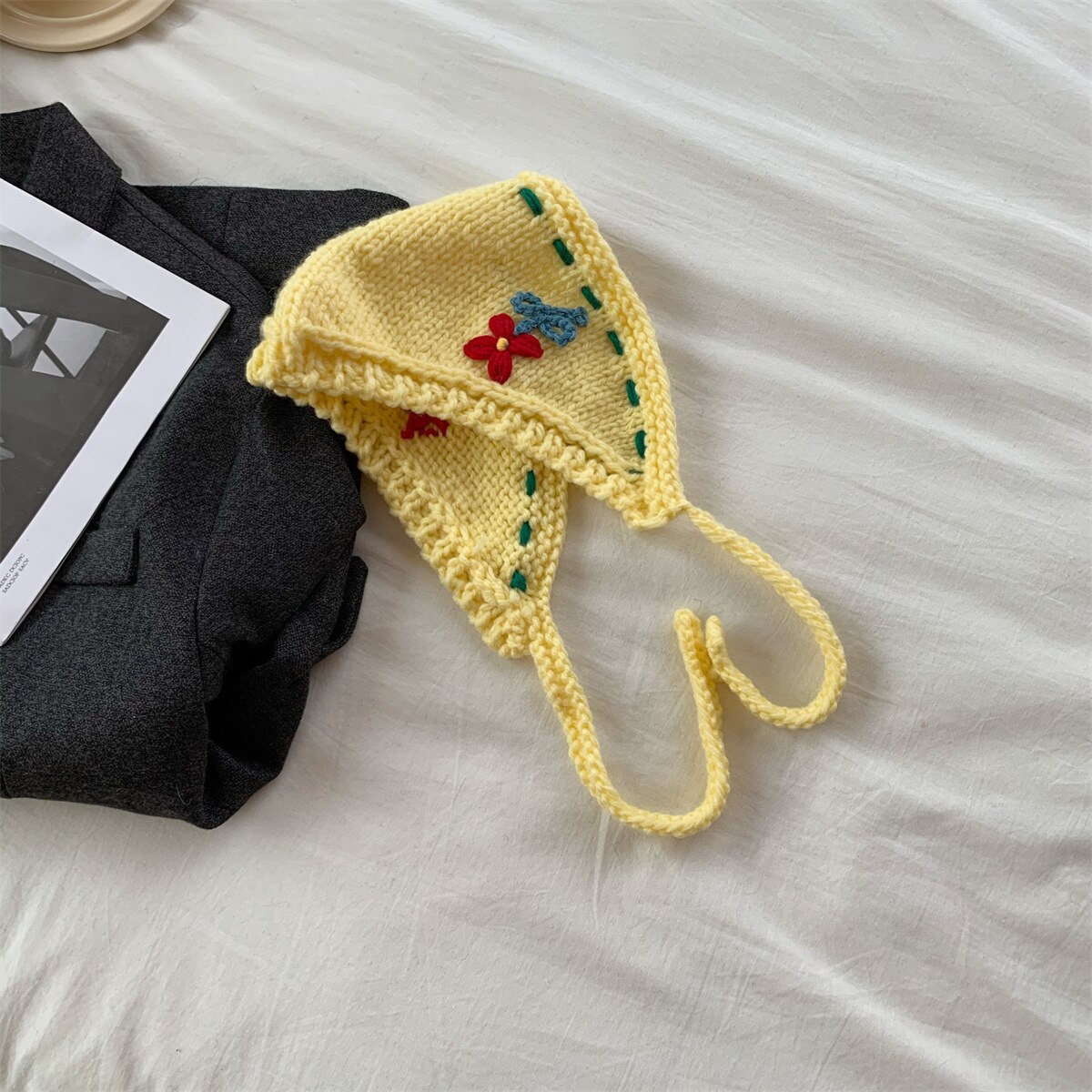 Bonnet coréen rétro à lacets pour femmes, couvre-oreilles tricotés à la main, Protection des oreilles, en laine, , automne et hiver: yellow