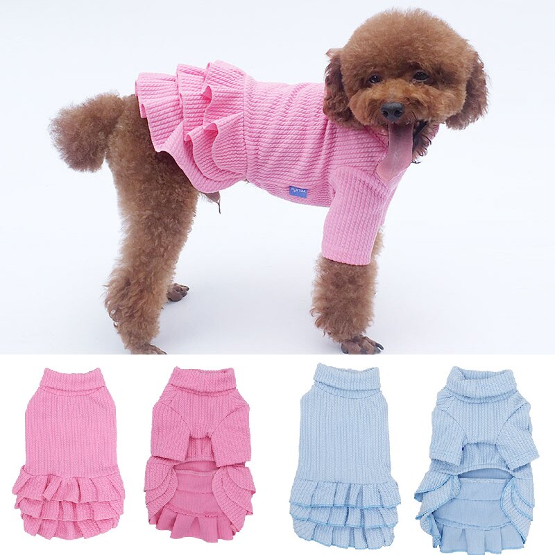 Vestido de otoño-invierno con cuello de tortuga y falda para mascotas, suéter para perros y gatos, a rayas, Color liso, ropa de boda para perros pequeños