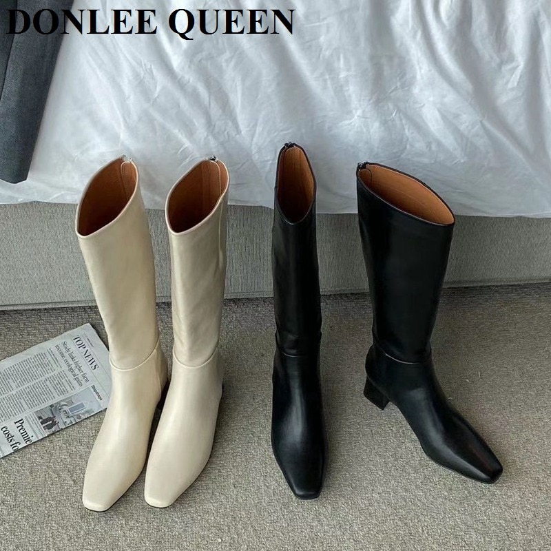 Vinter knehøye støvler kvinner med hæl lange støvler glidelås firkantet tå sko kvinner casual chelsea støvler for kvinner merke sko