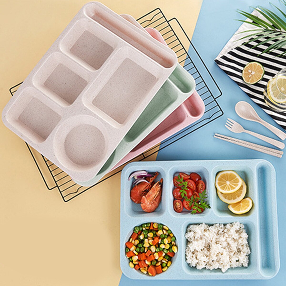 Portable Eco-friendly Wheat Straw 6-Compartment Lunch Container Food Meal Storage Picnic Tray with Fork Spoon & Chopsticks
