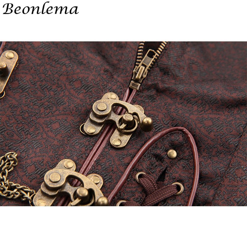 Beonlema steampunk korset vintage overbust korselet bustiers metal spænde kæde punk retro tøj brun 6xl corsage