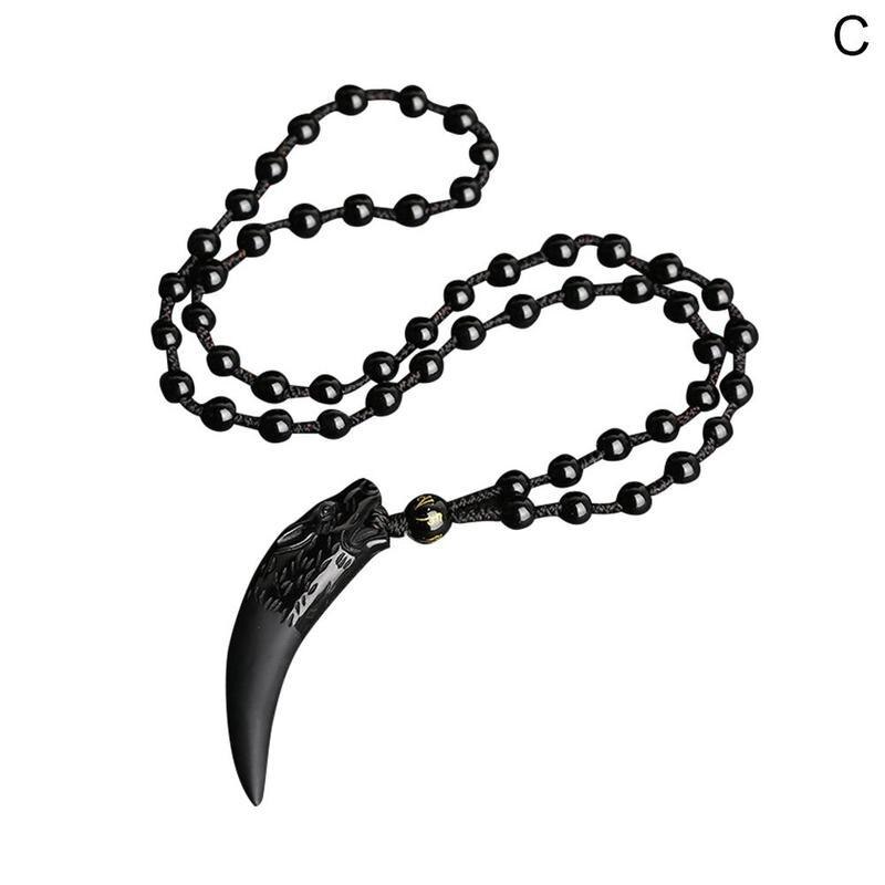 Natursten halskæde ulvetand sort obsidian vedhæng og par til kvinder amuletter smykker heldige talismaner mænd halskæde: C
