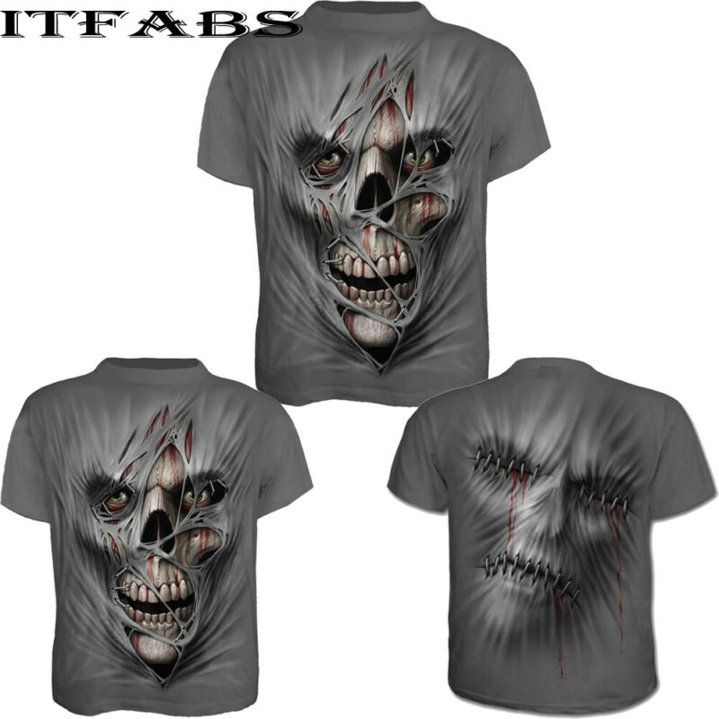 UK Men`s O Neck Bodybuilding Tops Slim Fit Gym Clothing 3D Printed Skull T-shirt Male Top Tees Clothing